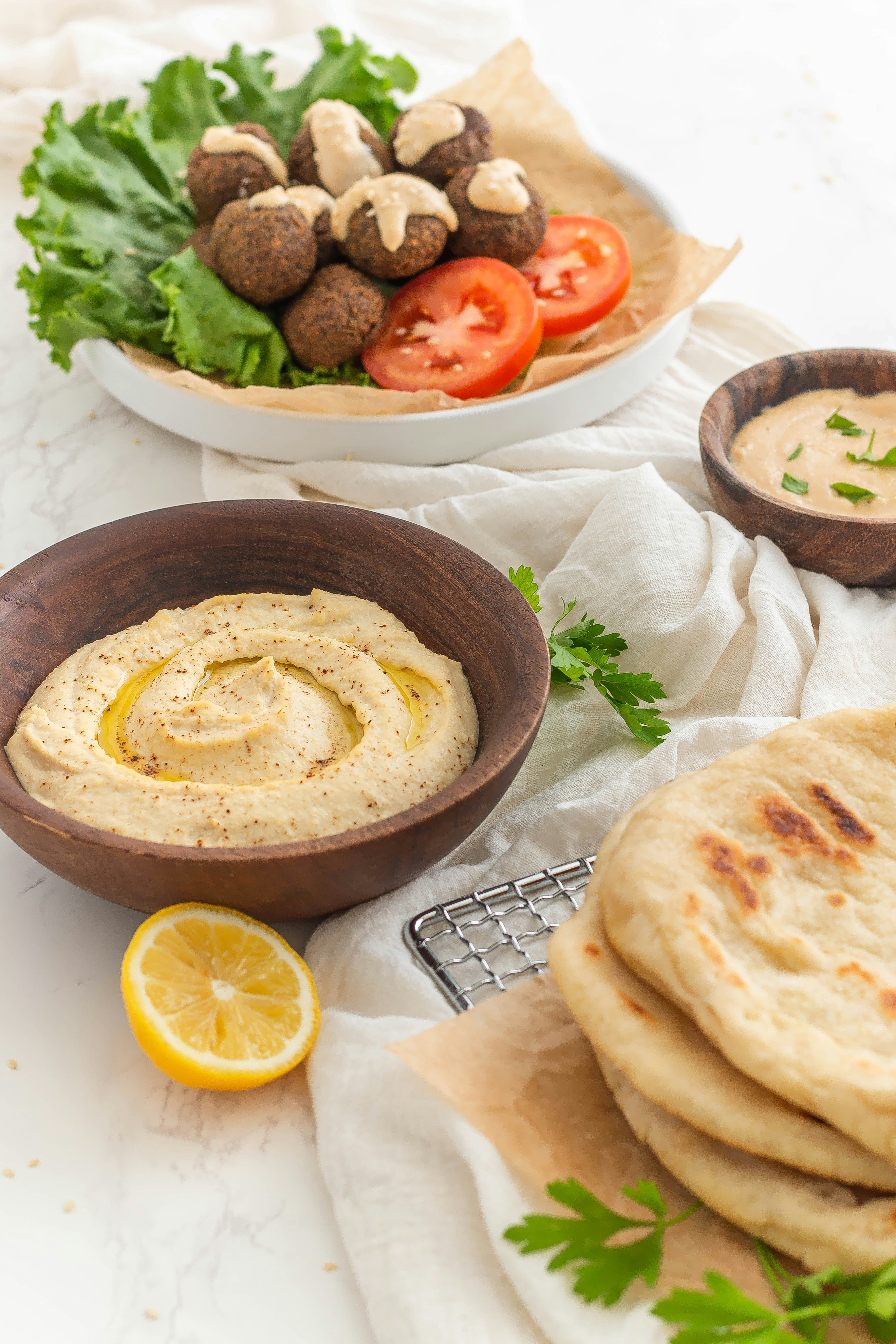 Hummus, falafel and fresh pita